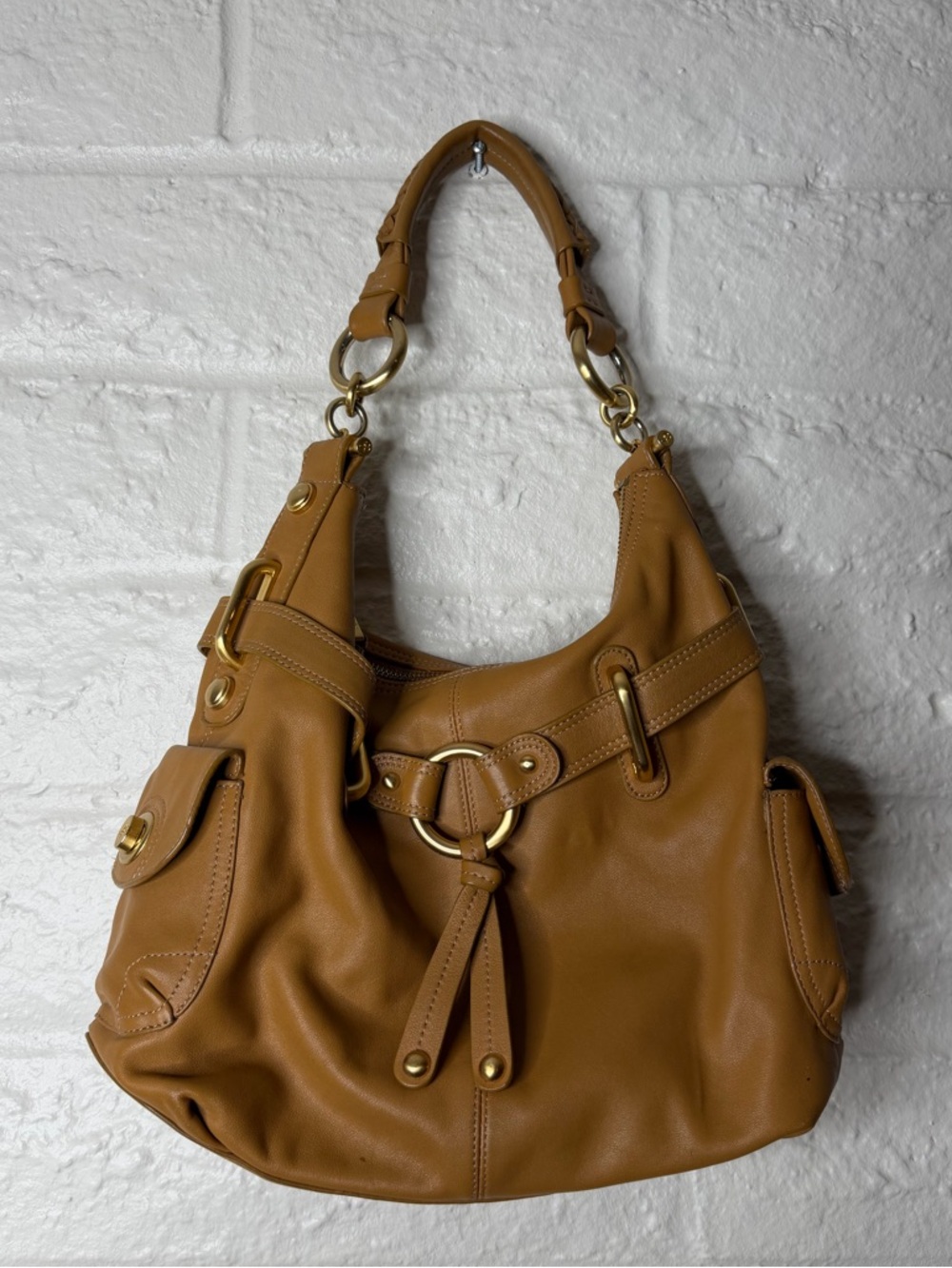b. makowsky Tan Leather Shoulder Bag with Gold Hardware